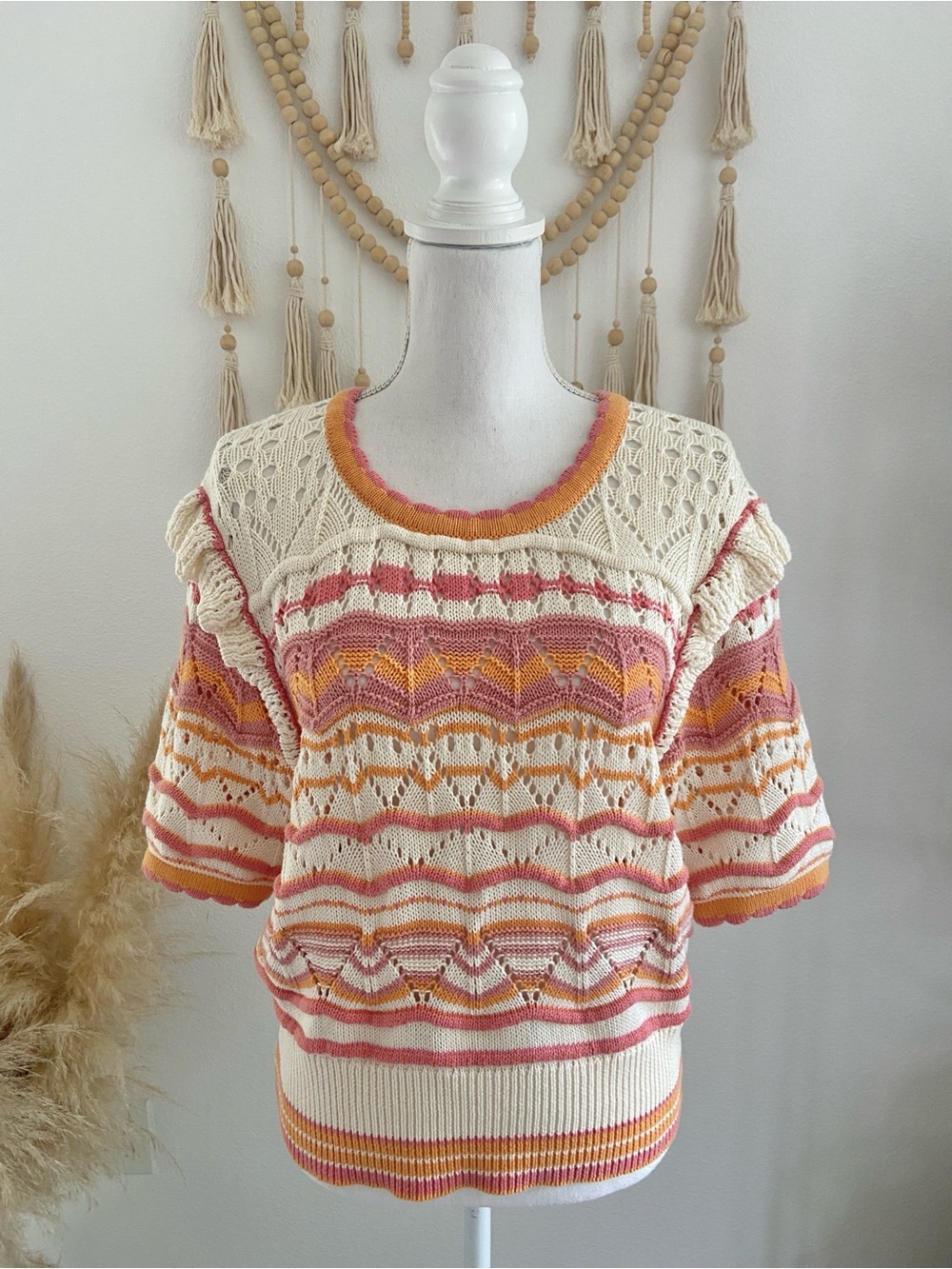 Boho crochet open knit cream short sleeve sweater ruffles pink orange stripe M
